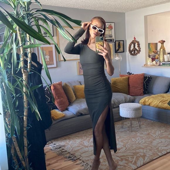 Zara Draped Asymmetrical Olive Green Dress - Picture 14 of 14